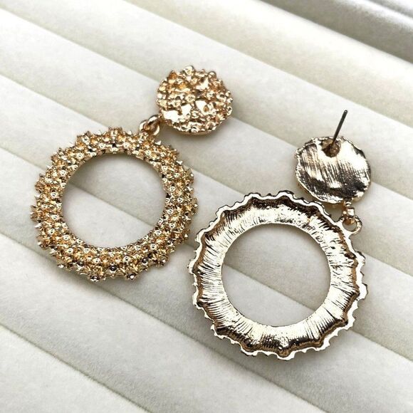 Yellow Gold Double Round Circular Textured Dangling Drop Post Back Earrings - Picture 8 of 10